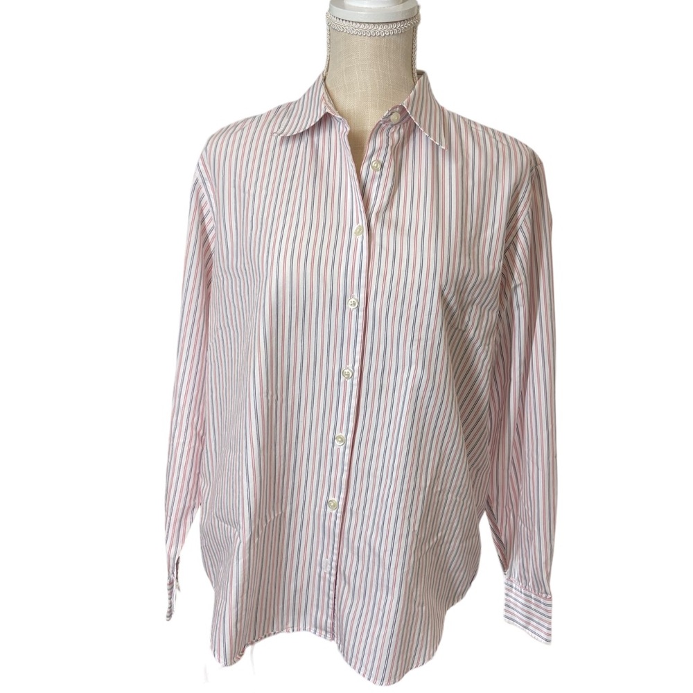 Land’s End White Collared Dress Shirt with Red and Blue Stripe Pattern